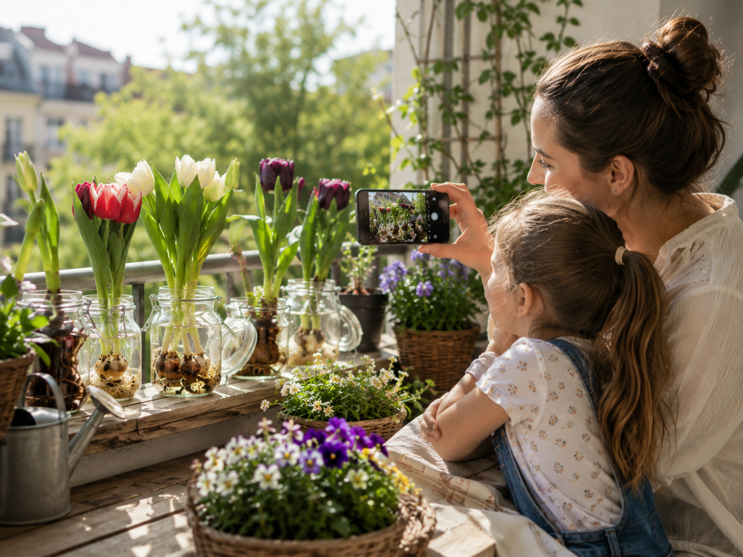 Mutter und Tochter fotografieren Blumen auf dem Balkon
